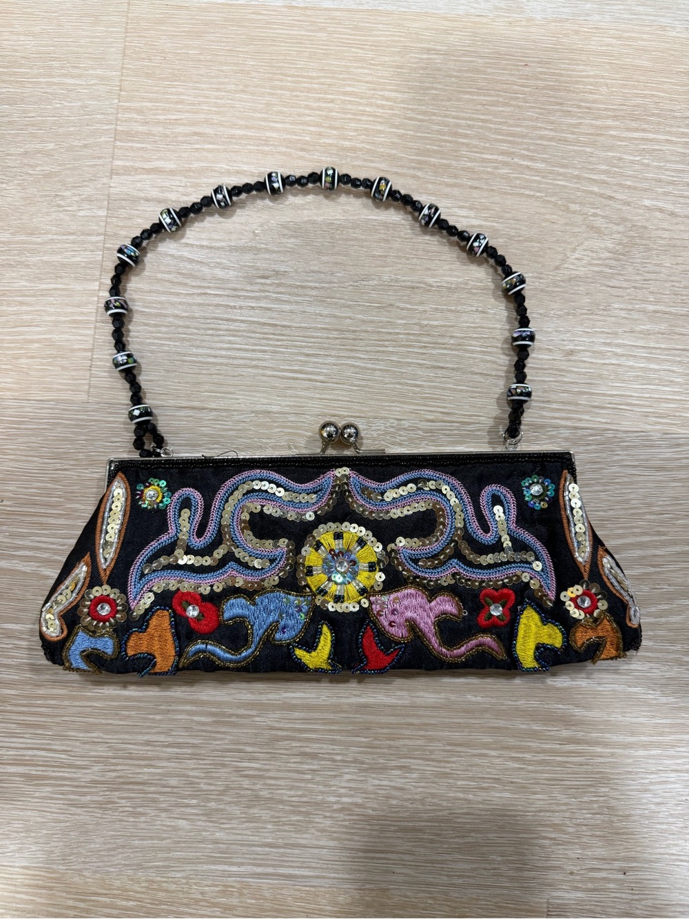 Vintage Embellished Black Multicolor Beaded Evening Clutch